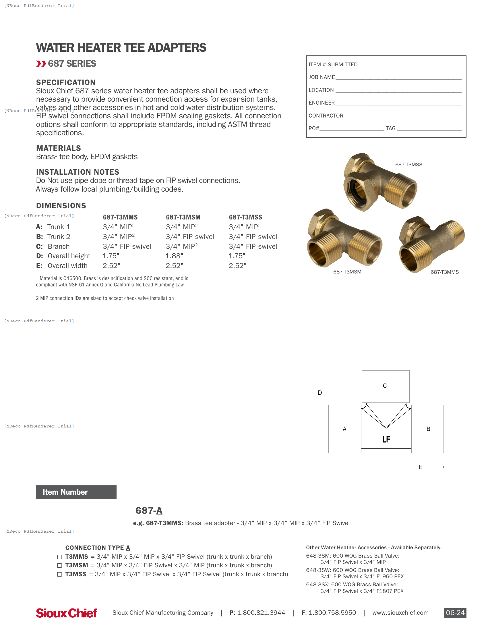 687 SERIES - WATER HEATER TEE ADAPTERS - SPEC SHEET.PDF Specification Document